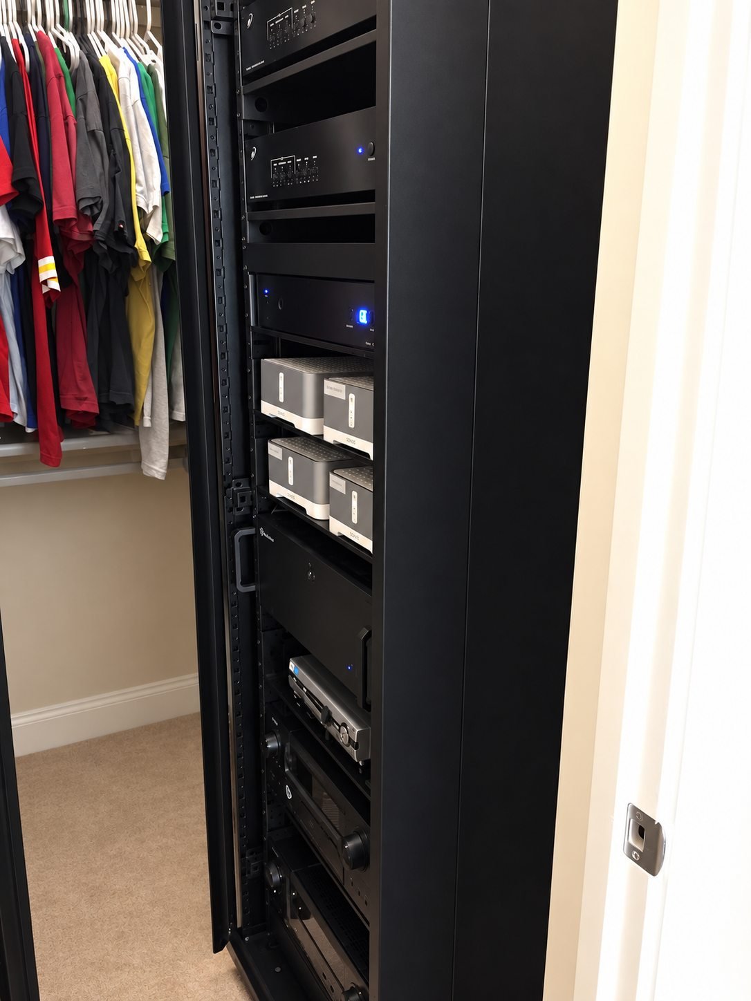 Residential technology equipment arranged in a closet rack
