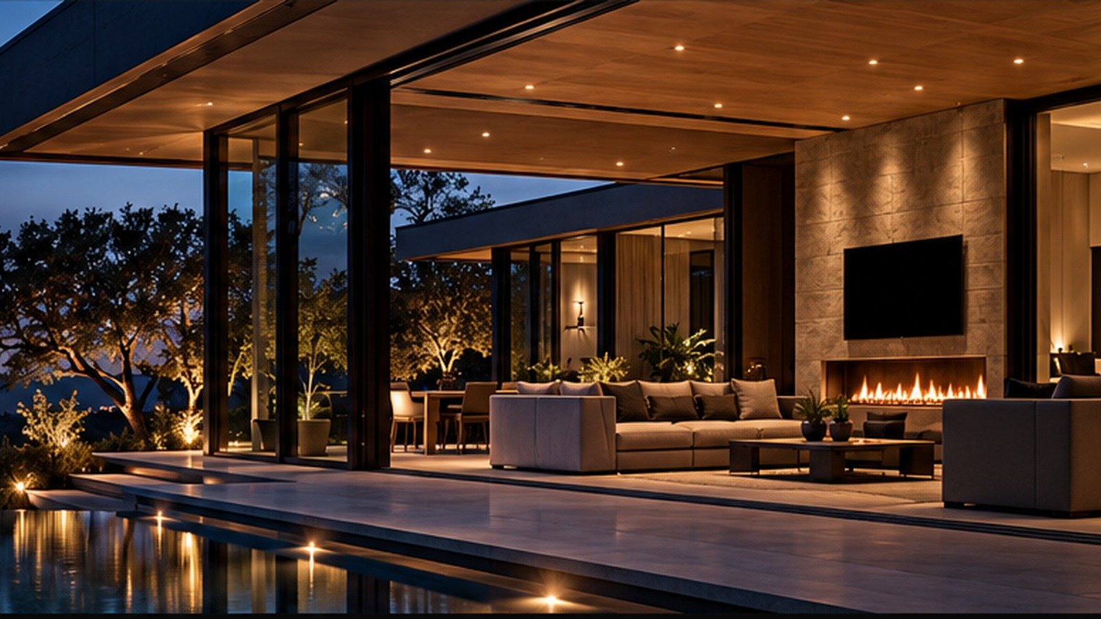 Modern Hill Country residence at dusk with integrated architectural lighting.